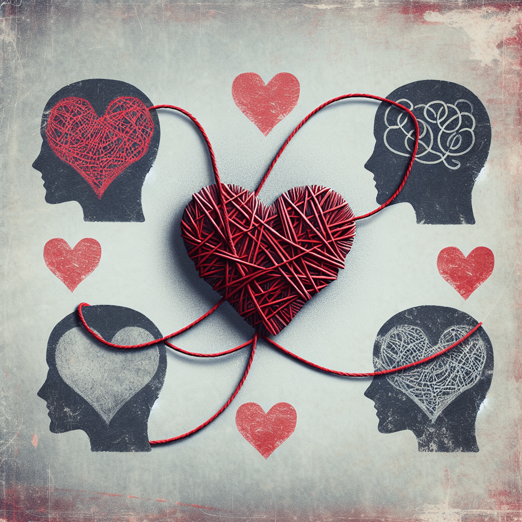 A concept emphasis image with visual elements depicting relationships and mental health, possibly including an intertwined red thread symbolizing connection but winding, suggesting complexity, with faded hearts spaced out and a distressed texture overlay for mental health representation. Do not include any human figures, text, brand names, or logos within the image.