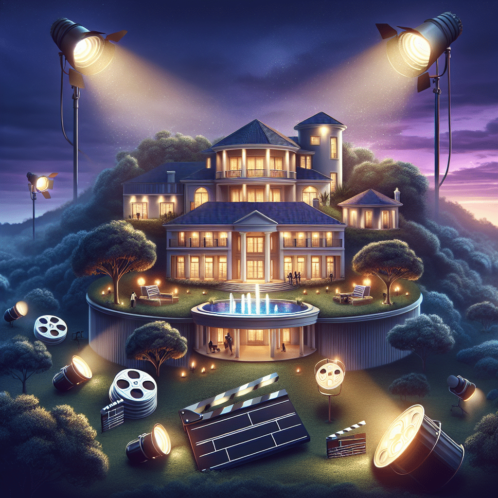 An image depicting the concept of wealth and film production without including persons or brand names. It shows a large, luxurious mansion, symbolic of high net worth, in the foreground with a luscious landscape surrounding it. In the background, spotlights, film reels, and clapperboards, representing elements of film production, can be seen. The setting is under the dusky evening sky painted in hues of purple and pink, and there are no texts or brand names visible anywhere.