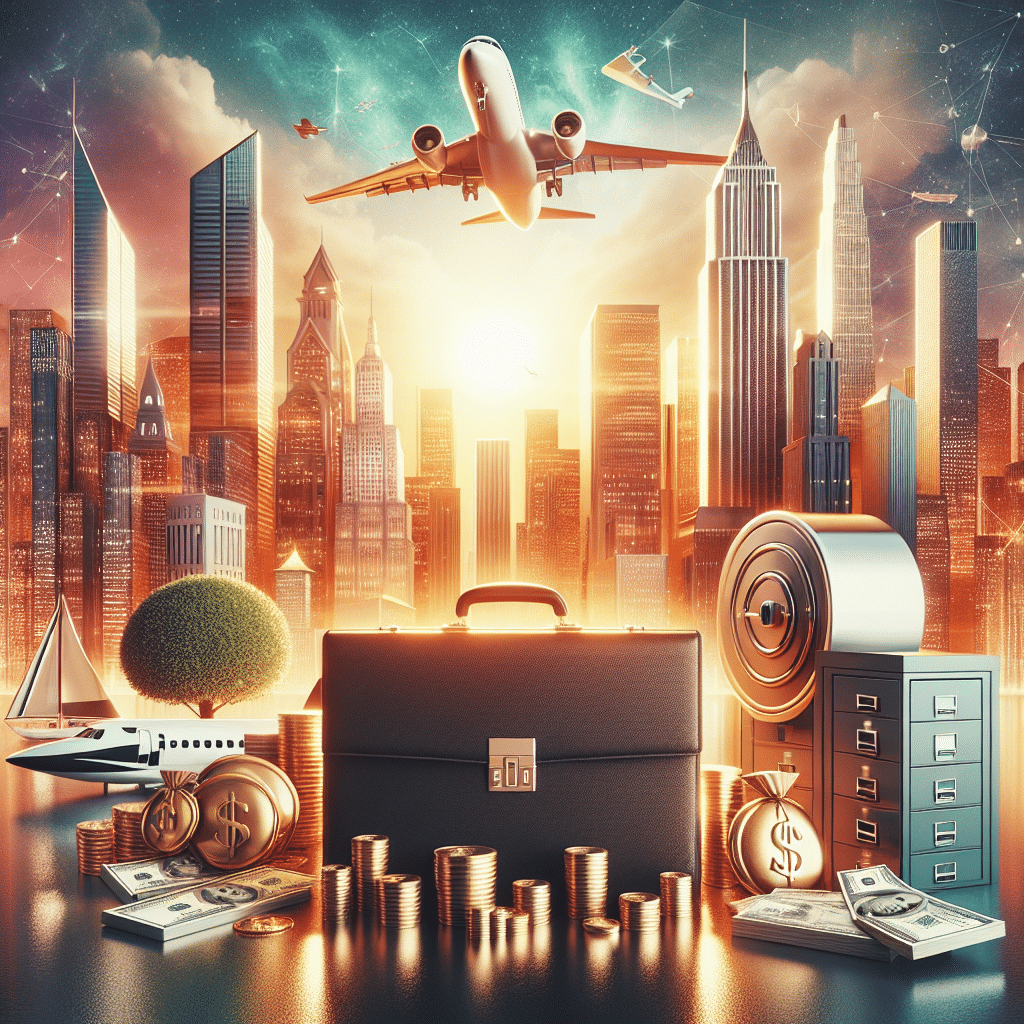 An image representing successful business ventures and immense net worth, suitable for an article. The visualization doesn't feature any people nor brand names. It incorporates symbols of success such as stacks of gold coins, a green dollar bill tree, elegant briefcase, skyscrapers, towering over a city skyline, and a private jet flying across a brilliant sunset. Safe deposit boxes are in the background, indicating wealth storage and luxury properties like a depiction of an upscale mansion and a futuristic yacht. There are no text, logos, or identifiable brand representations in the scene.