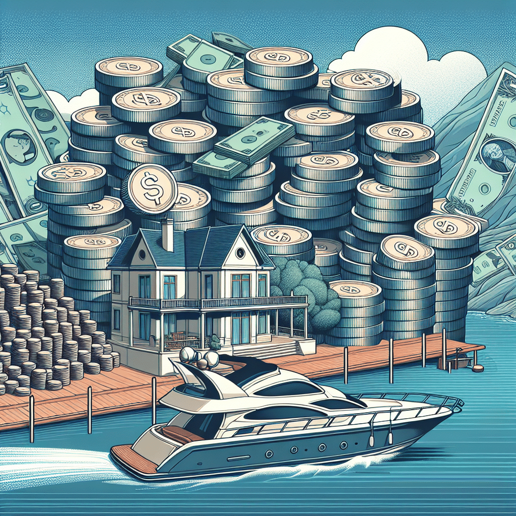 An illustration referring to financial wealth showing a sophisticated house and a luxury yacht moored in a peaceful bay, an abstract design of large piles of coins and paper money behind them, but no figures or people are visible in the picture. All presented without any text or identifiable brand names.