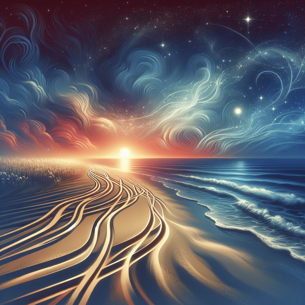 An abstract depiction representing the concept of a romantic journey post a significant relationship. The scene portrays a sandy beach, symbolic of the persona, gently caressed by the waves, a metaphor for transient affairs. The sun is setting on the horizon, signifying the end of a phase, yet a beautiful twilight in the sky, with effervescent stars, hints at opportunities and exciting ventures ahead. The sand leaves multiple tracks leading in different directions, symbolizing the different paths the persona could have chosen in her life. No logos, brand names or textual elements are included.