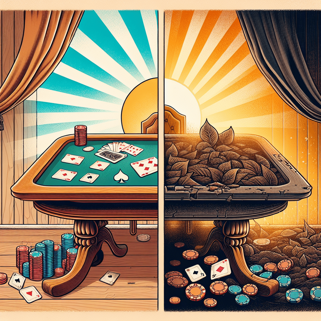 An illustration symbolizing the transition of a person overcoming gambling addiction. The image is divided into two sides, the left side shows a well-maintained, antique wooden table with playing cards and poker chips scattered, symbolizing the person's past of gambling addiction. The right side displays the same table, but in a state of neglect with dust and cobwebs, indicating cessation of gambling. Above this side, a rising sun is seen, representing the person's recovery and hope for a better future.