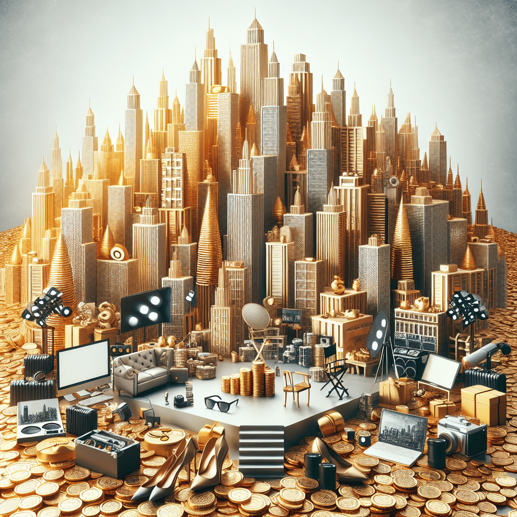 A vast abstract empire filled with skyscrapers, all constructed from golden coins, symbolizing substantial net worth. Luxurious goods without specific brand names like high-heels, sunglasses, music records, and film rolls scatter in the surrounding area. In the skyline, a stage with spotlights and microphones hint at a successful career in music and cinema, while an office space with a comfortable chair and a modern computer represents a prosperous business venture. No text or human figures are present in the scene.