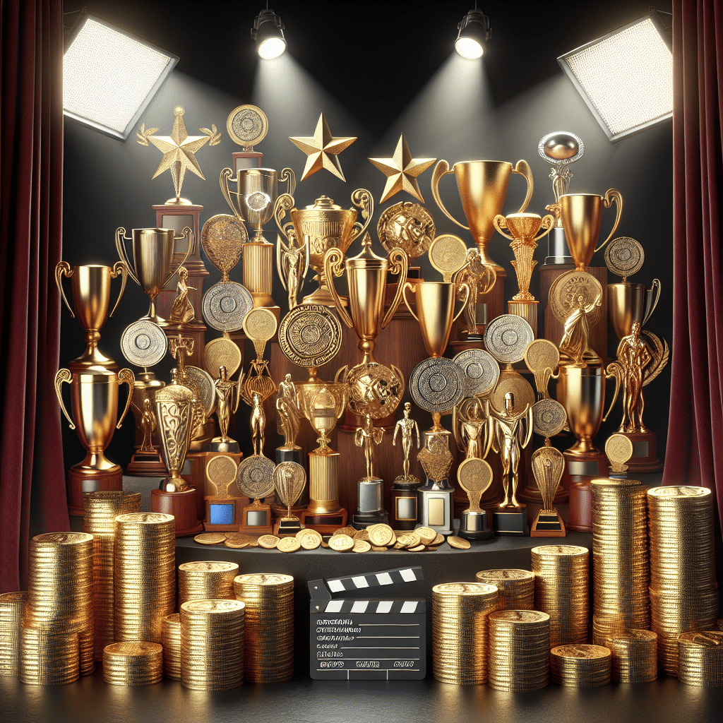 Visual representation of an accomplished actress's income and achievements. Depict a royal gamut of trophies, from simple wooden ones to shimmering golden ones with intricate designs, signifying her extensive award records. Add to the scene multiple stacks of golden coins, signifying vast wealth. Surround it all with traditional theatre elements like velvet curtains, spotlights, and old film reels. Incorporate elements that denote acting and cinema without including people, real names or text. The image should be dynamic, rich and sober at the same time, respecting the absence of people's portrayal.