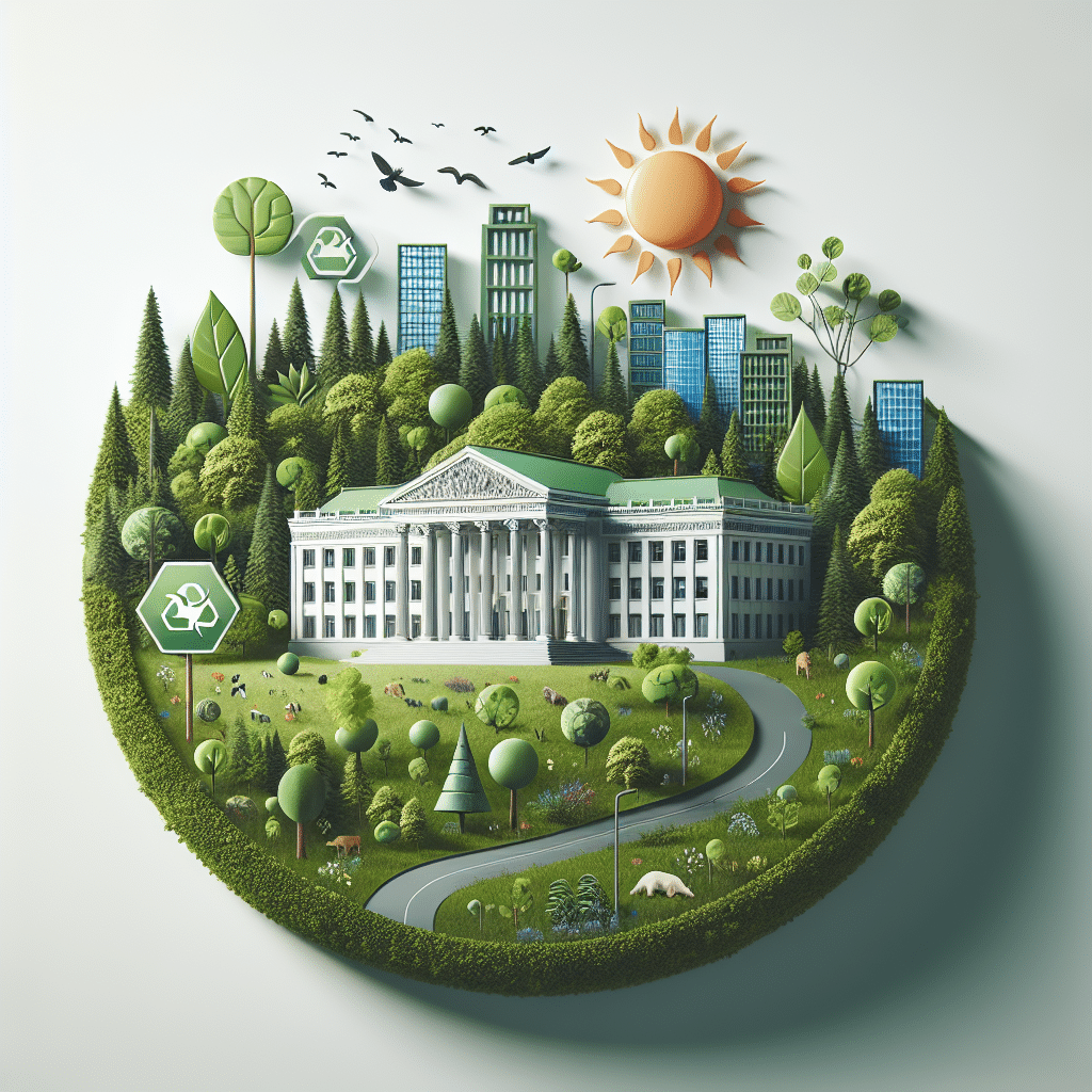 An image of a symbolic representation of environmental activism and politics, without featuring any humans or animals. It includes a green forest with a variety of trees and plants indicating the importance of nature and eco-friendliness, alongside a governmental building to represent politics. The sun is setting in the background symbolizing the urgency of environmental issues. No text, brand names or logos are present.