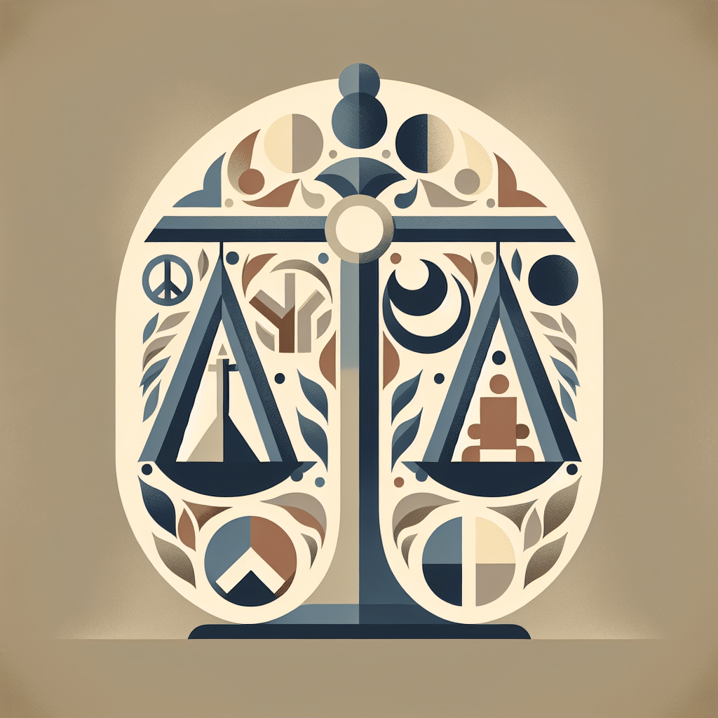 An abstract representation of politics and activism, devoid of any human presence. Imagine symbolic imagery such as a balanced scale representing justice, a peace sign for activism, and a symbolic emblem for politics. Please ensure no brand names, logos, text on items, or direct human figures are included. The color palette should be neutral and not overly flashy, suggesting serious and mature themes.