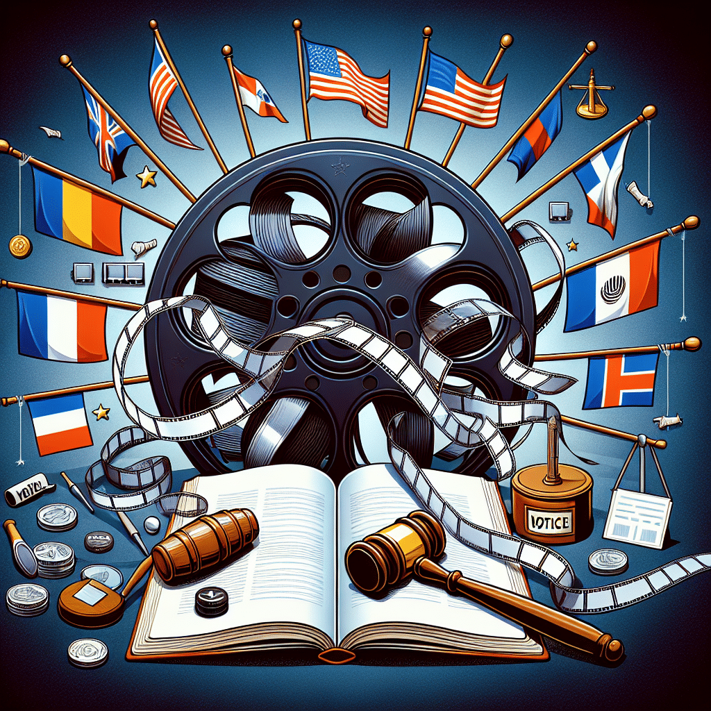 A symbolic representation of the film industry, shown as an old-fashioned film reel surrounded by various-turned film strips. There are also symbols of politics, including flags of different countries, a gavel, and a voting ballot box. The film reel and political symbols are placed on top of an open notebook symbolizing criticism. Again, note that there are no individuals in this image, neither is the image displaying any specific political bias. Also, there are no brand names or logos, as well as no text appearing within the image.