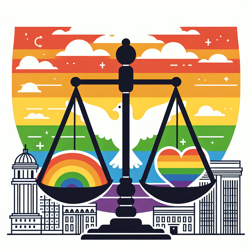 An abstract representation of political stance and LGBTQ support. Picture a balanced scale showing equality, and a rainbow, the universal symbol of LGBTQ pride. There should be a dove in flight, symbolizing peace and support, against the backdrop of an urban scene suggestive of a city council or government building. No people should be in the image and no text or brand names should be present.