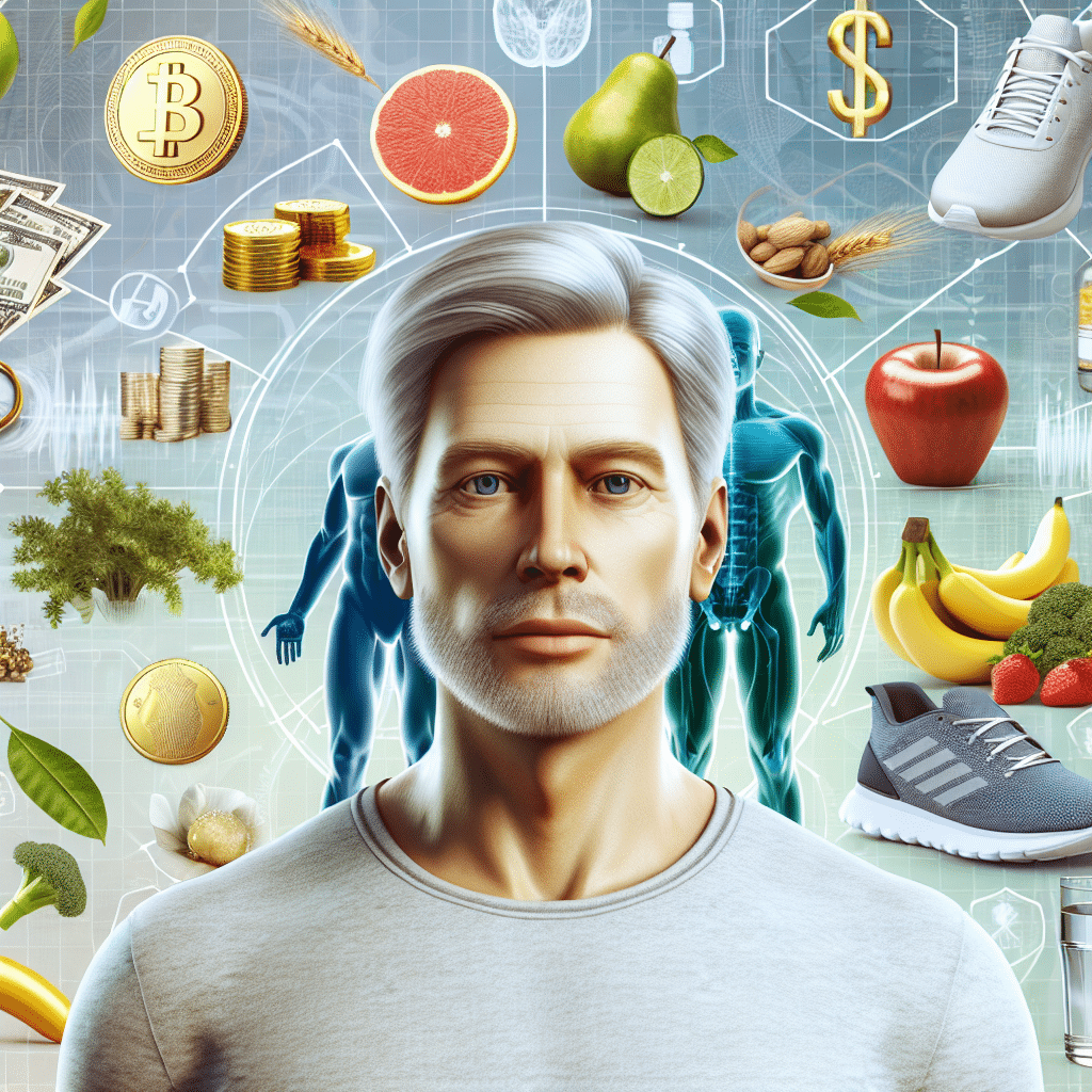 An image of a generic, ageless male character with youthful features, standing in front of a background that visually shows elements associated with wealth (such as gold coins and currency notes) and elements associated with health and longevity (like a variety of fresh fruits and vegetables, running shoes, yoga mat, and water). The character should not bear resemblance to any specific person. The entire image should be free from any text, brand names, and logos.