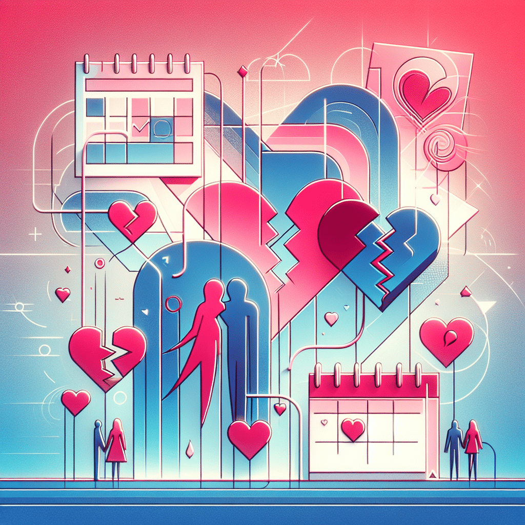 An abstract representation of a romance between two unspecified persons, using symbols such as hearts, broken hearts, and calendars to depict a history of dating. The scene is color coded, featuring pink, blue and red tones, which is common in abstract representation of relationships. Please ensure no human figures, logos, brand names or text are included in this image.