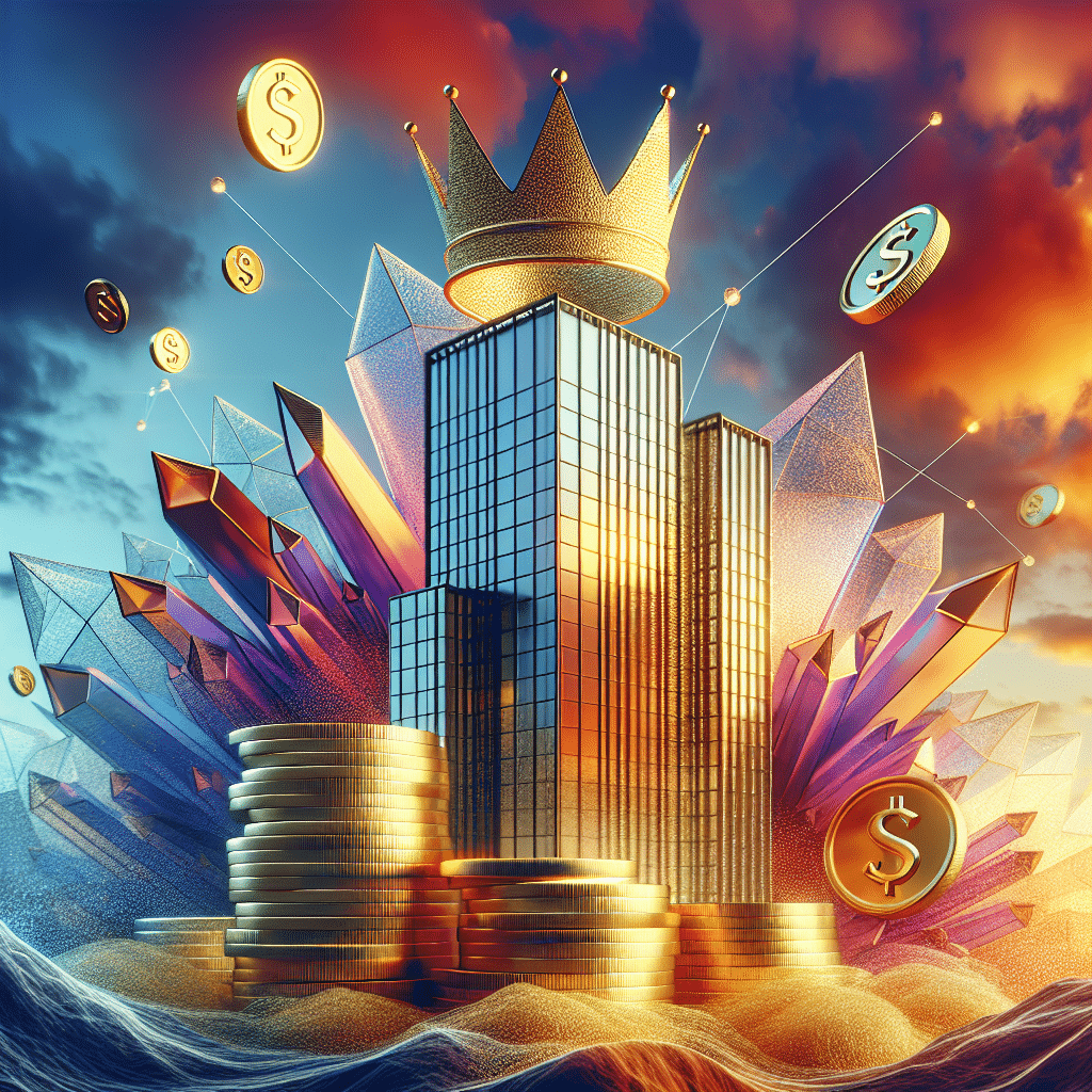 An abstract representation of financial prosperity and thriving entrepreneurship. The image showcases a bundle of golden coins, a symbolic crown, and a high-rise corporate building made of crystal against the backdrop of a vibrant, sunset sky. These elements aim to reflect the concept of substantial net worth and business influence without featuring any individuals, text, or brand names.