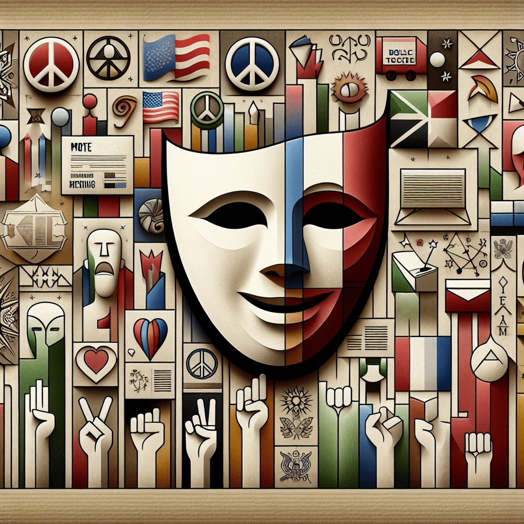 An abstract representation of method acting technique and a variety of political ideologies. The method acting is visualized as a classic theater mask representing comedy and drama, denote the actor's immersion into a character's emotional state. The political ideologies are represented by various symbols such as a peace sign, ballot boxes, and diverse flags. Remember, there are no people, brand names, or any text in the image.