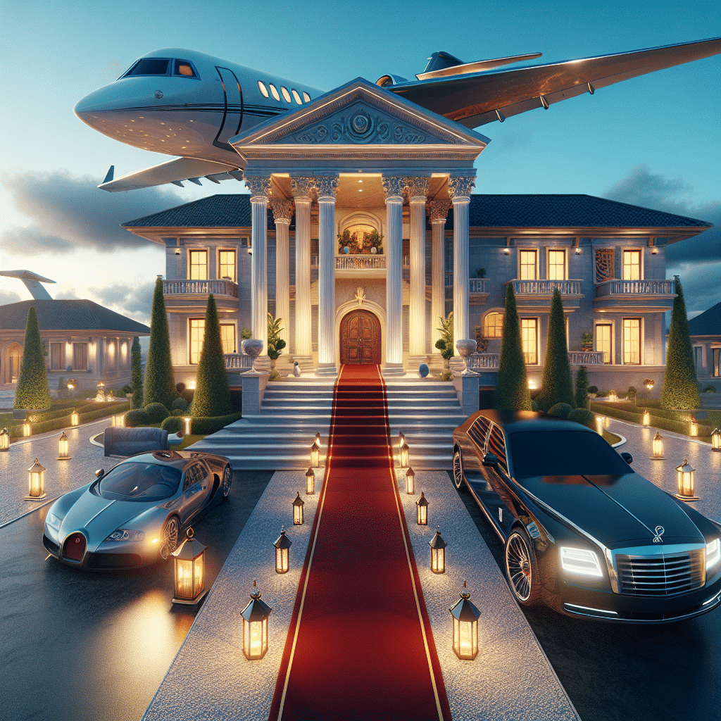 An image showcasing the metaphorical representation of success, showcasing a grand mansion, a private jet, and a luxury car. There is a lavish red carpet leading up to the mansion, with elegant lanterns lighting the pathway. The mansion is opulent, with tall, majestic pillars, a grand balcony overlooking a beautifully maintained garden. A shiny, sleek private jet is parked on a nearby runway, while a luxurious car is parked in the house's driveway. No mention of brands, people, or text within the image.