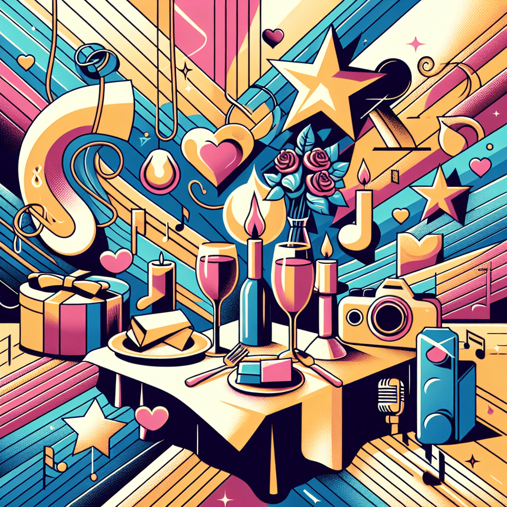 A concept image that encapsulates the theme of romance and rising stardom without featuring people or text. Visual elements could include personal items that hint at dating, such as a candlelit dinner setup with two glasses of wine and a bouquet of roses. Also, include symbols of fame, such as a spotlight on a stage, a microphone or a walk of fame star. Mix these items within a colorful, abstract background, giving impressions of joy and glamour, but ensure no brand names or logos are visible.