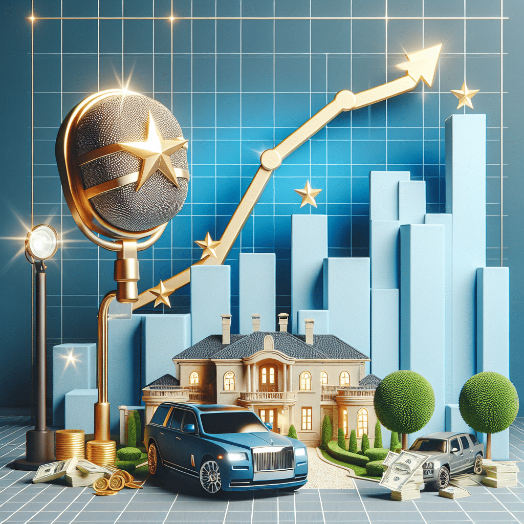 An image relating to a significant increase in an actor's net worth after a successful role portraying a famous singer, without showing any people or text. The image contains symbolic representations of success and wealth, such as a rising graph, a plush mansion, expensive-looking generic vehicle and a microphone symbolizing the role of a singer. No branded elements or logos should be included in the image.
