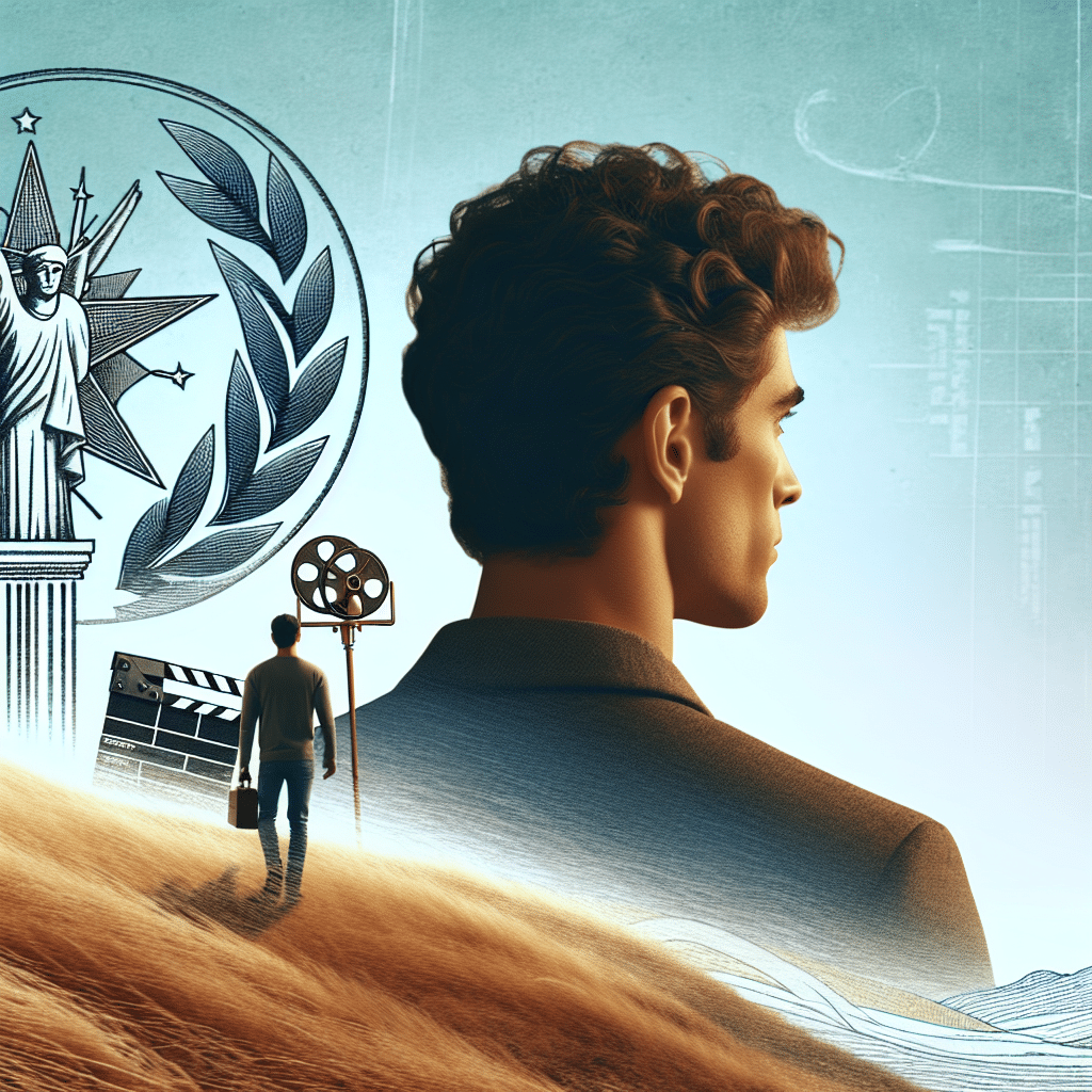 The concept of a young, slim gentleman with curly hair, seen from the back, looking off into the horizon. He stands on a windswept hillside, conveying the feel of an independent spirit. To one side, there's a small emblem representing democracy, freedom, and justice, indicating a political stance. On the other side, there are elements of film, such as a vintage film reel and a clapperboard, representing an indie film career. The overall ambiance of the scene is serene, with no people or brands visible.