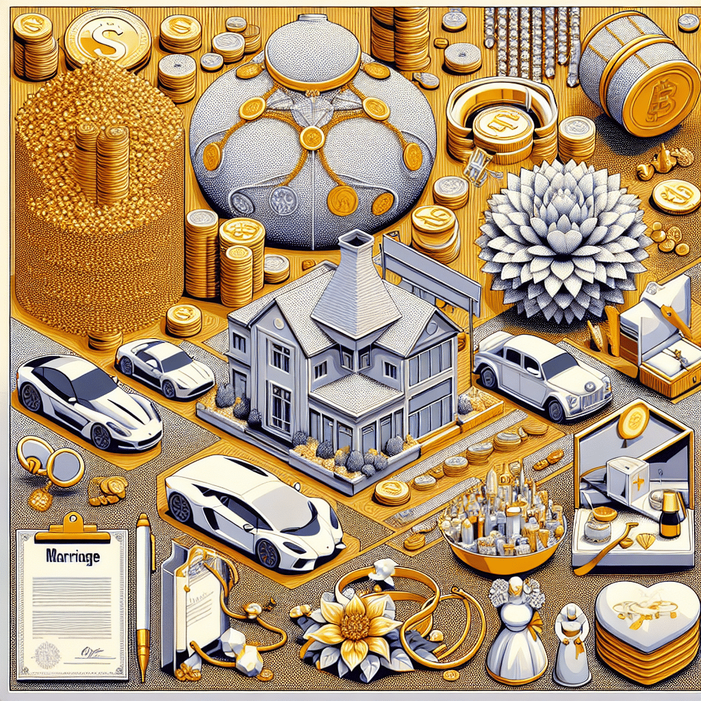 An abstract representation of wealth, visualized by a massive pile of gold coins and luxurious items like a diamond-studded necklace, a fancy car, and a luxurious villa. For marriage, depict a pair of intertwined gold wedding bands, a blooming white flower, a wedding cake, and a certificate of marriage. Maintain an abstract and symbolic representation without people or explicit text present.