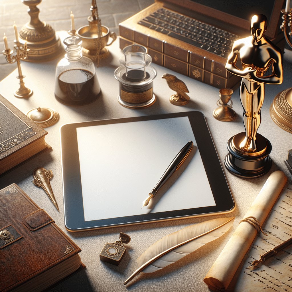 An image symbolizing the concept of political views, represented by a collection of traditional and modern artifacts such as a quill pen, inkwell, parchment, and a digital tablet resting on a table. Nearby on the table lies a polished Oscar-like statuette sans any identifiable marks or text, its golden gleam casting a soft glow in the surroundings. Please ensure that no brands or people are included in the image.