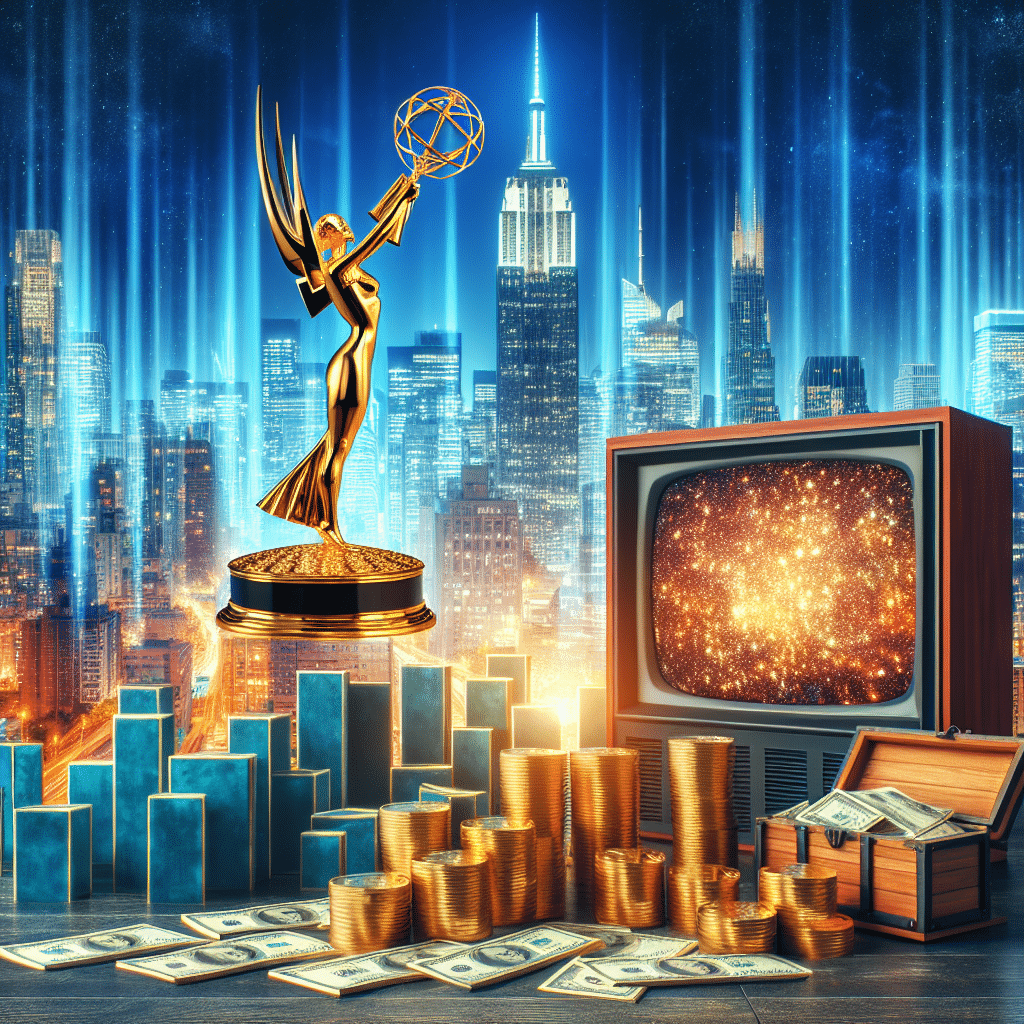An abstract representation of financial success and television stardom, without including any individuals, brand names or text. Picture a large, luxurious cityscape at night with bright skyscrapers and a wide-screen TV showcasing an Emmy award, symbolizing TV accomplishments. In the foreground, display stacks of generic gold coins and treasure chests, representing a hefty net worth.