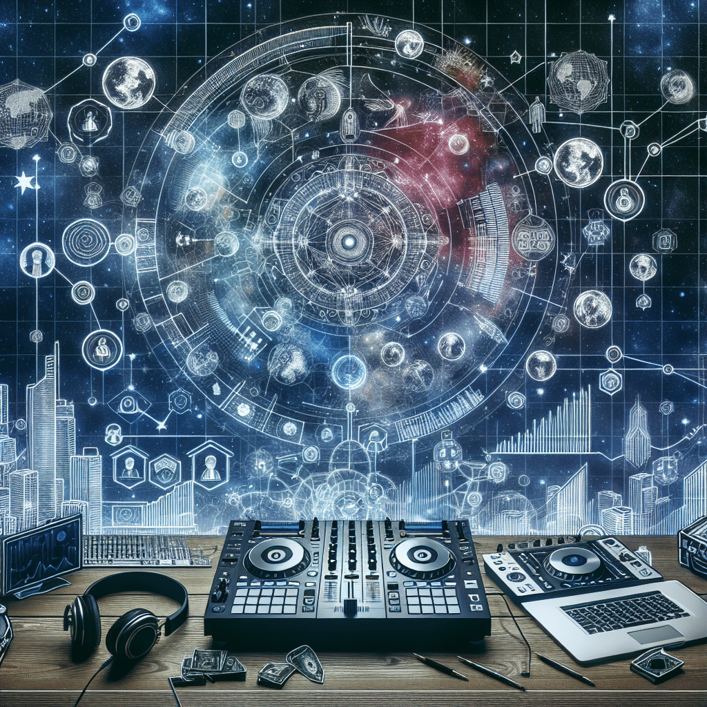 An intricate representation of a diverse range of businesses and DJ equipment, void of human characters and brand references. In the foreground, a modern DJ setup with turntables, headphones, and a mixer. Around it, a blend of various business elements - office buildings, stocks & charts, negotiation tables, and global networking icons. A background representation of space signifying the expansive opportunities as the setting extends into a starry universe.