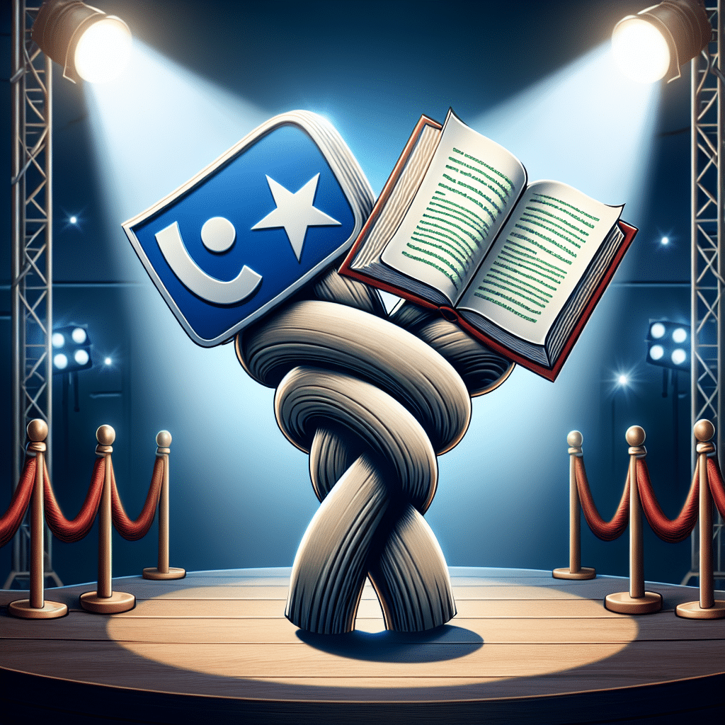 A symbolic porter with two intertwined elements. One side of the knot is a TV show's script representing a famous television drama, and the other side is an opened book with pages shaped like a speech bubble, representing political discourse. It’s important for composition that both elements don't contain any brand names, logos or text. The background is a stage with bright spotlights, signifying fame and public speaking with no people present.