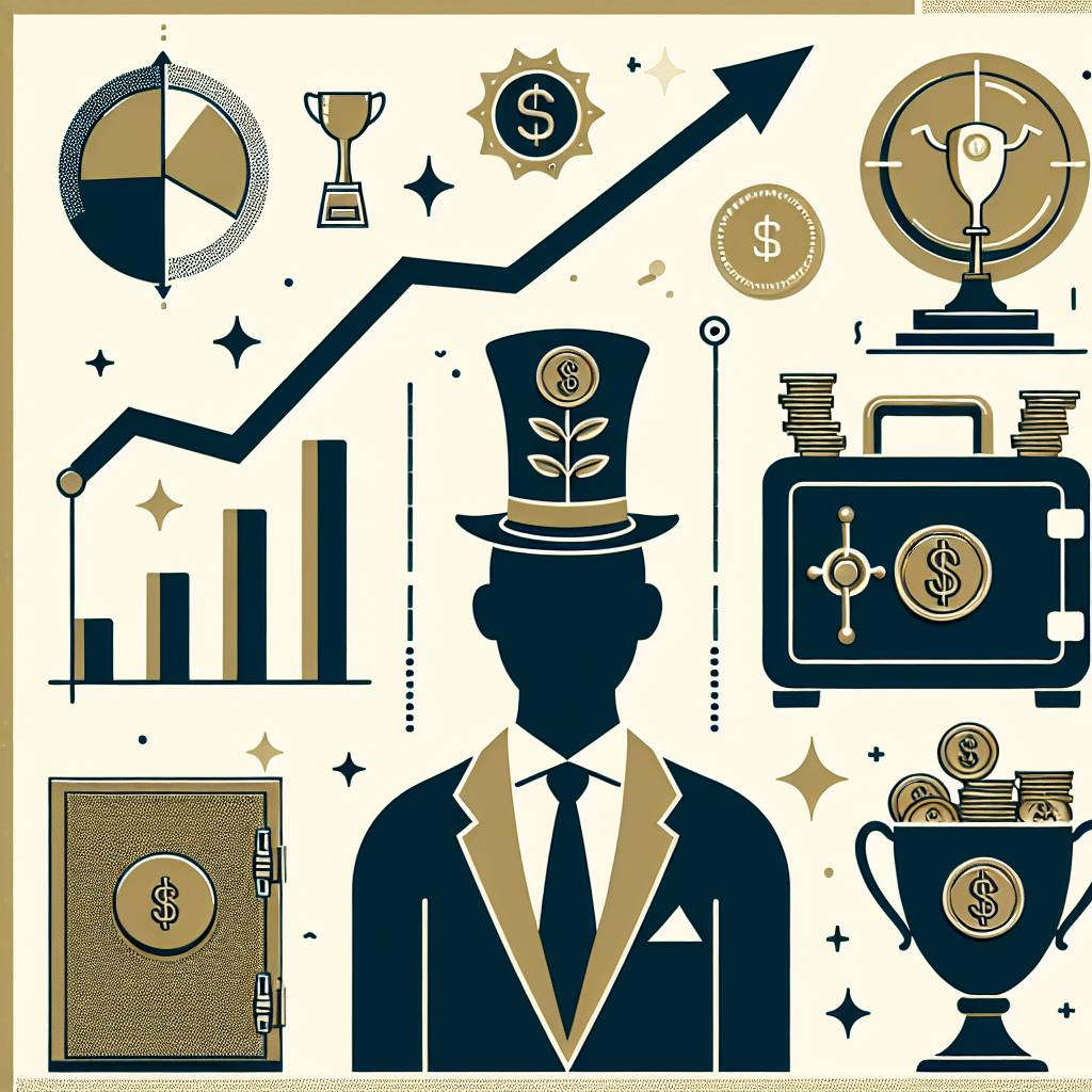 An image illustrating the concept of net worth and success without people or text. Use symbols such as a rising arrow on a graph, a safe full of gold, and a trophy to represent success. Despite not having people, the image should exude luxury, achievement, and wealth.