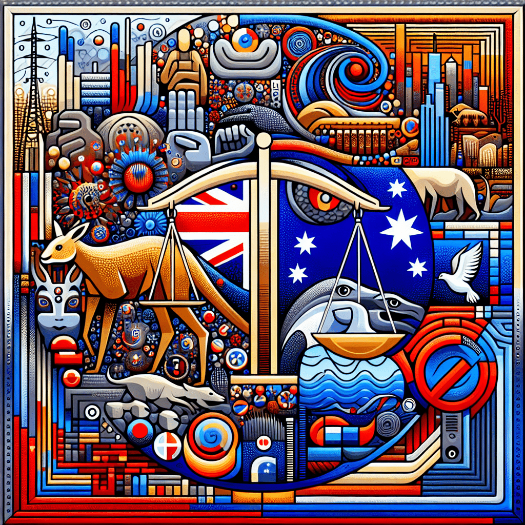 An abstract representation of Australian roots and political ideologies, excluding direct depictions of people or text. The image should focus on iconic Australian imagery such as the outback, boomerangs, kangaroos, or the Sydney Opera House. Additionally, integrate symbols associated with political ideologies like a balance scale for justice, a dove for peace, or a mix of red and blue to denote diverse political views. Ensure that there are no identifiable brand names or logos present within the composition.