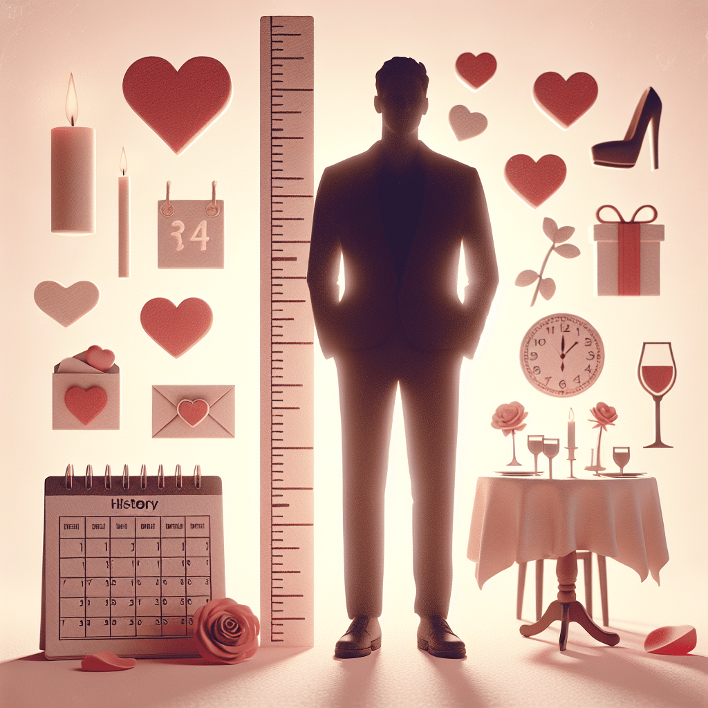 A tall silhouette of a man beside a height marker with romantically themed items scattered around. The theme is dating history and could include symbols like hearts, dates on a calendar, a candlelit dinner setting, roses, and more. The man's height is emphasized, and the height marker notes an impressive stature. The scene has a light and dreamy aesthetic. Despite the presence of dating elements, there are no direct illustrations of persons in the scene.