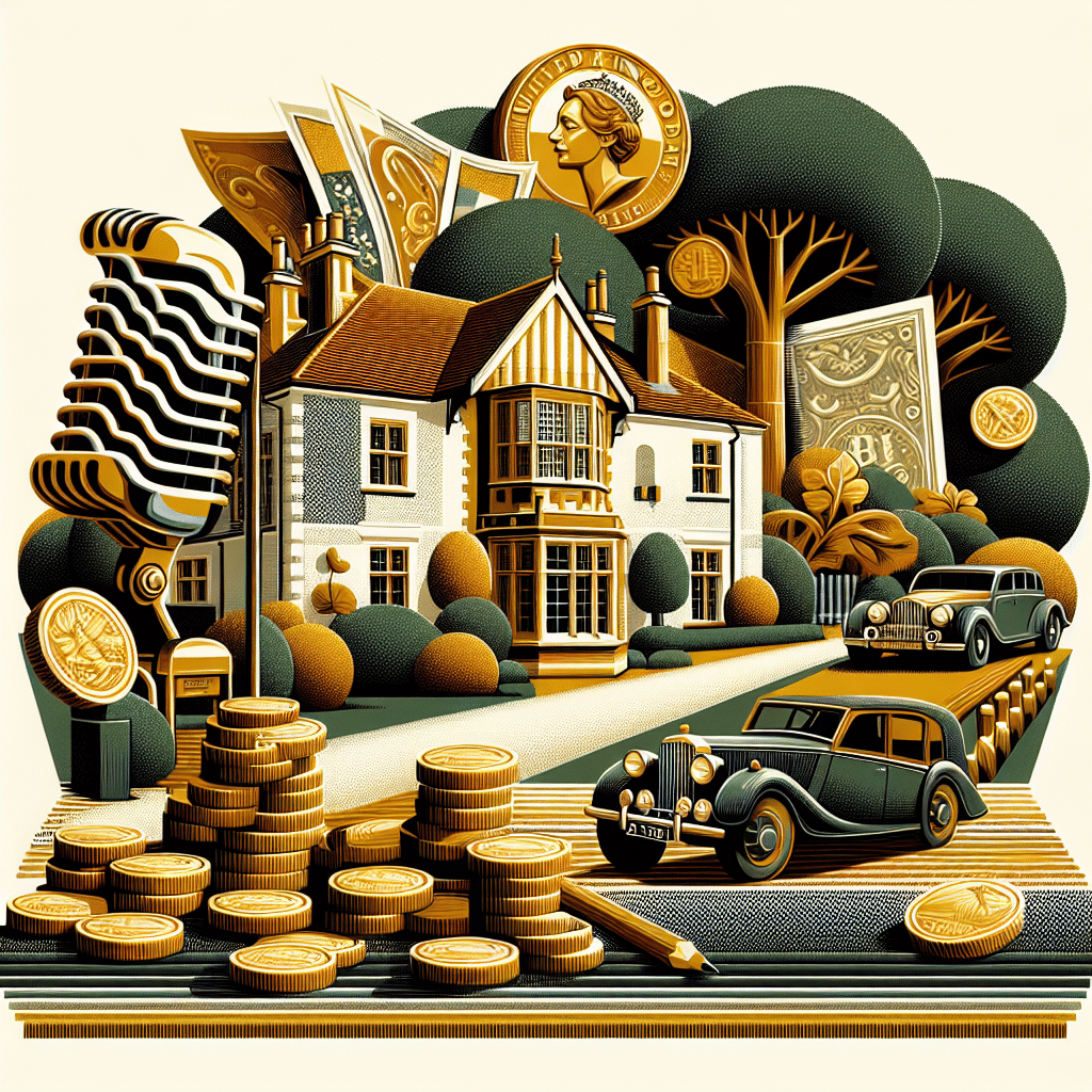 A symbolic representation of success and wealth, focusing on the United Kingdom context. The image includes traditional British symbols of success: a lavish mansion with an immaculate garden, a fancy car parked supposedly outside the mansion house, an array of golden coins and bills, and a vintage microphone representing the acting career. The colors used primarily are gold, green, and earth tones. No people or brand names are included. The generating artwork elements abstain from using any visual text.