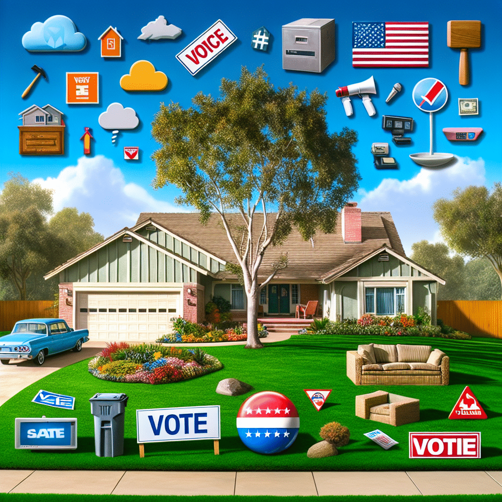 A nondescript suburban house symbolic of the 'Ferris Bueller's Day Off' narrative, along with a variety of voting and campaign symbols representing the concept of political views. Include clear blue skies and lush greenery for a cheerful atmosphere, and fuse the elements subtly to create a coherent image. Possessions and secondary elements in the scene should be devoid of brand names, text, individuals, or any identifiable traits.
