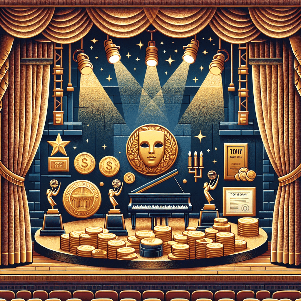 A symbolic representation of success in theatre. The design is an empty theatre stage with an opulent background, golden curtains, high-quality lighting rig, grand piano on the stage, and several Tony awards on a shelf. Additionally, a pile of coins in a generic stage mask symbolizing wealth. There's no direct reference to any specific artist. No text, no logos, no people, and no brand names are present.