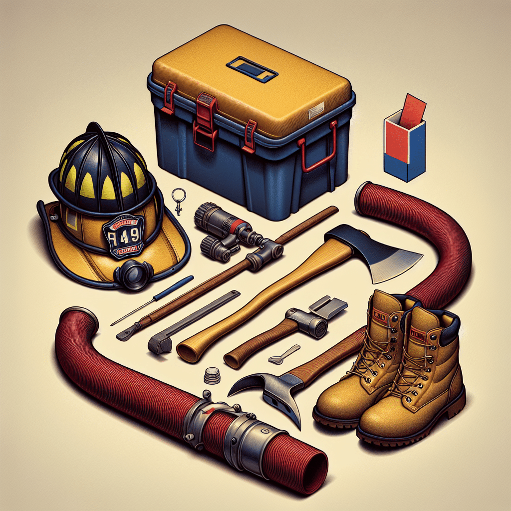 An abstract depiction showing a set of firefighter gear like a helmet, axe, hose, and boots laid out neatly on a clean background. Alongside is an icon representing politics, such as a ballot box. All are devoid of any human figure, text, and brand names. The color palette is rich and realistic, reflecting the serious themes of firefighting and politics. The composition of the image hints at the intersection of these two themes without explicitly revealing any identities or affiliations.