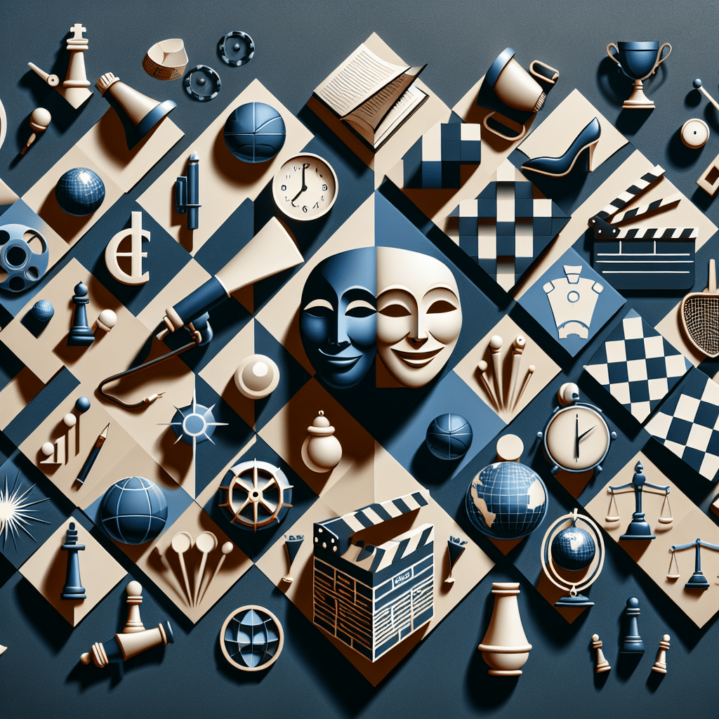 An image depicting the abstract concept of character acting and political views. The image can focus on iconic items usually associated with acting such as theatre masks (comedy and tragedy), scripts, spotlights, movie clapboard, and subtle symbols that can represent politics like checkered game board, chess pieces indicating strategy, balanced scale for justice, and an earth globe for international relations. Remember, no human figures, text, brand names or logos are to be included in the image.