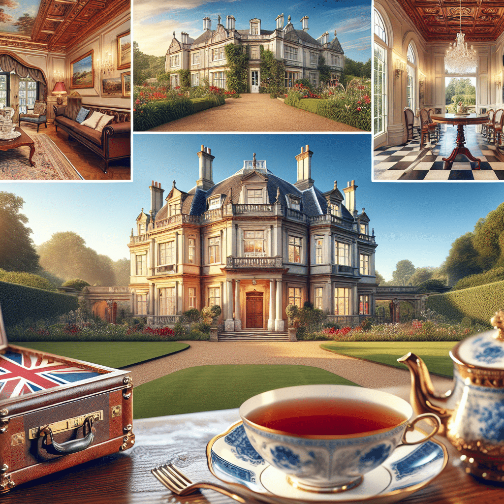 An image that vividly depicts the wealth and British cultural elements, without featuring any people, text, or brand names. Imagine a luxurious mansion with classical British architecture, and surroundings of lush English gardens. The sky above the mansion is clear and blue, indicating prosperity. On the interior view, it reveals the entrance hall with a grand staircase and lavish decoration, resonating with affluent lifestyle. On a nearby mahogany table, you can see a cup of traditional English tea, symbolizing British culture. All the visual elements come together to suggest richness and British roots.