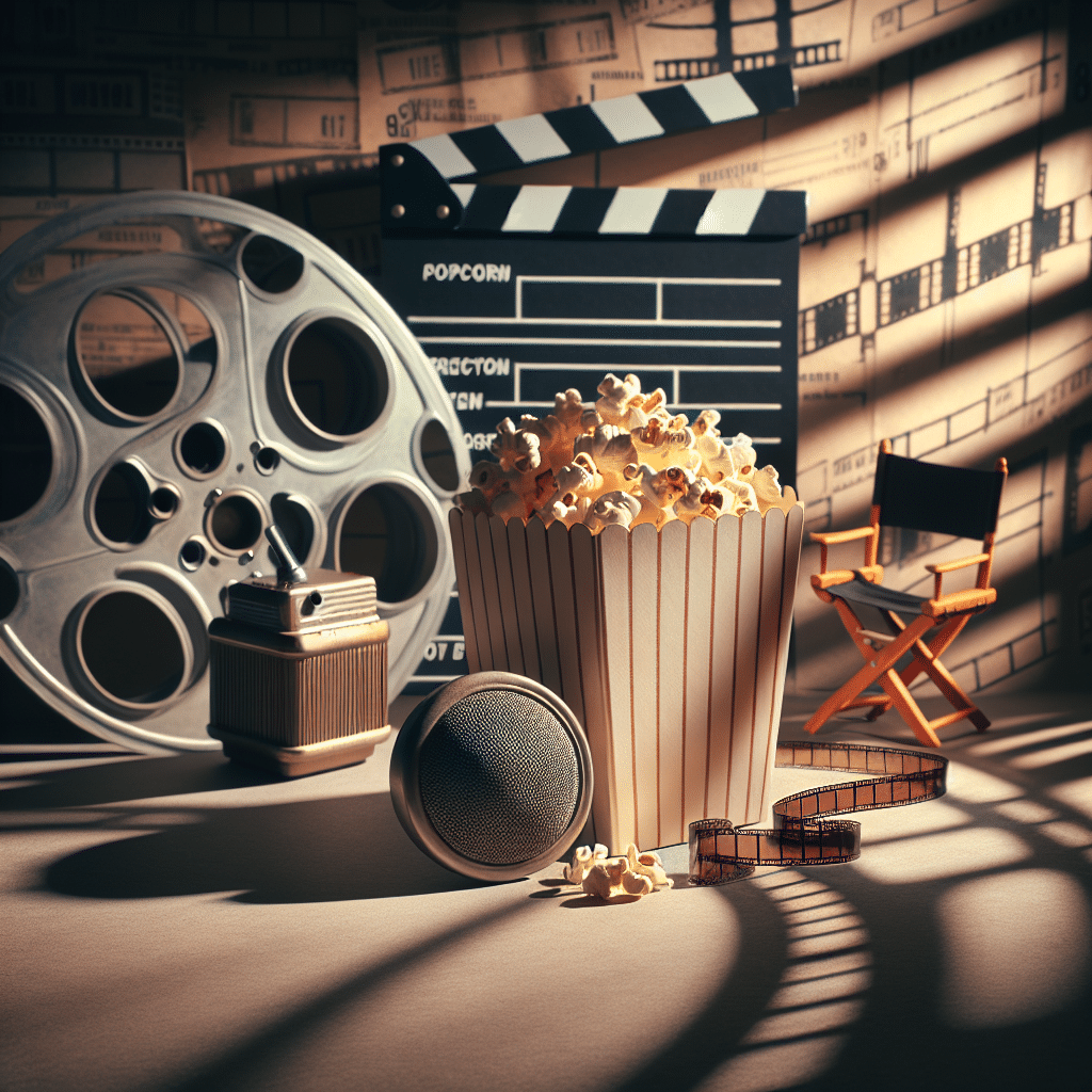A close-up of a popcorn container placed on a movie theatre seat with subtle lighting casting a dramatic effect. Next to it, a rolled vintage movie film reel casts a long shadow. There is also a vintage miniature speaker and an old-fashioned director's chair, symbolizing directorial pursuit. The background is filled with outlines of numerous film reels, symbolizing a prolific filmography. No people, text, brands, or logos are included in the image.