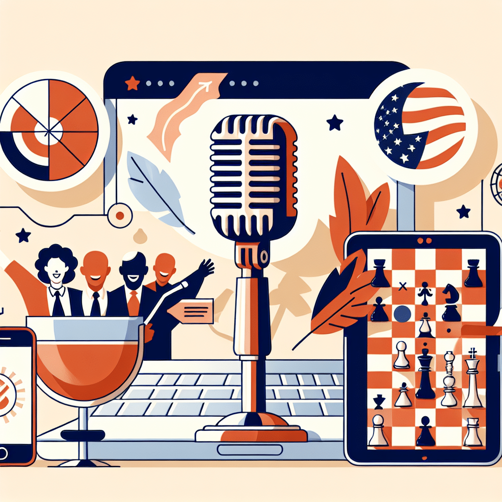 An image representing a thematic fusion of comedy evolution and political views without featuring any people. Visual elements include a classic microphone signifying comedy, a closed laptop to signify modern technology evolution, and a chessboard to represent strategic political discussions. Ensure the color scheme is light and playful; no text, brand names, or logos are included.