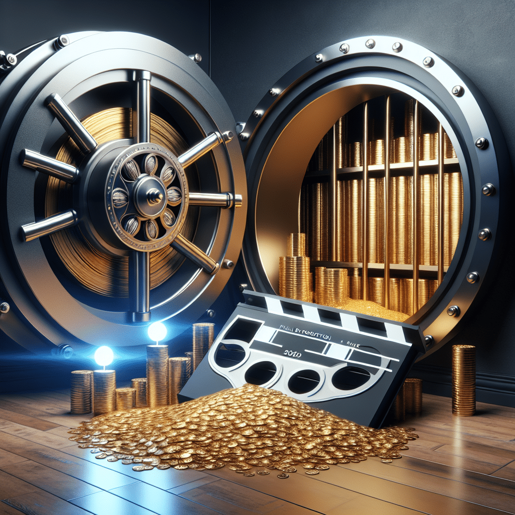 A image depicting a concept of net worth and a film production company. The net worth can be symbolized by a massive vault door, with large gold coins visible through its slightly ajar frame. The production company can be represented as a classic, vintage film reel, placed nearby the vault on a hardwood floor under a spotlight. Do note that this image is to be devoid of any human presence, text, brand names, or business logos.