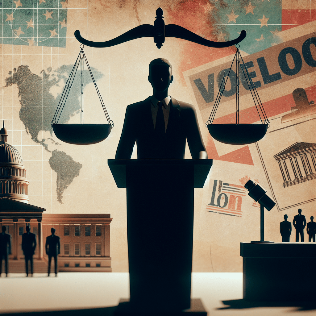 A close-up of a silhouette of an unidentified male figure standing by a podium, with a symbolic representation of political scales balanced on top of it. The scene is set against a backdrop that combines different elements of democracy such as a courthouse, a ballot box, and a generic campaign poster. The setting is devoid of people, logos, and brand names. The color palette for the image could be warm tones with splashes of neutral colors to symbolize seriousness and dedication.