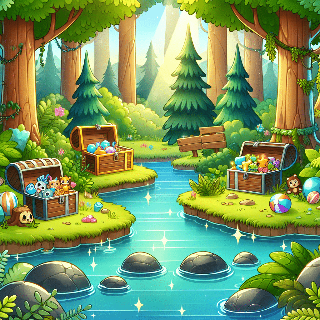 A simple and fun children's adventure scene without any people. The scene takes place in a mythical, enchanting forest filled with tall, lush trees and a clear river sparkling under the bright sunshine. Various hidden treasures, like chests filled with toys and playful objects, are scattered across the scene but subtly concealed behind elements of the landscape, such as behind a lush bush, under a pile of leaves, or beneath the river water. No text, brand names, or logos appear anywhere in the scene.