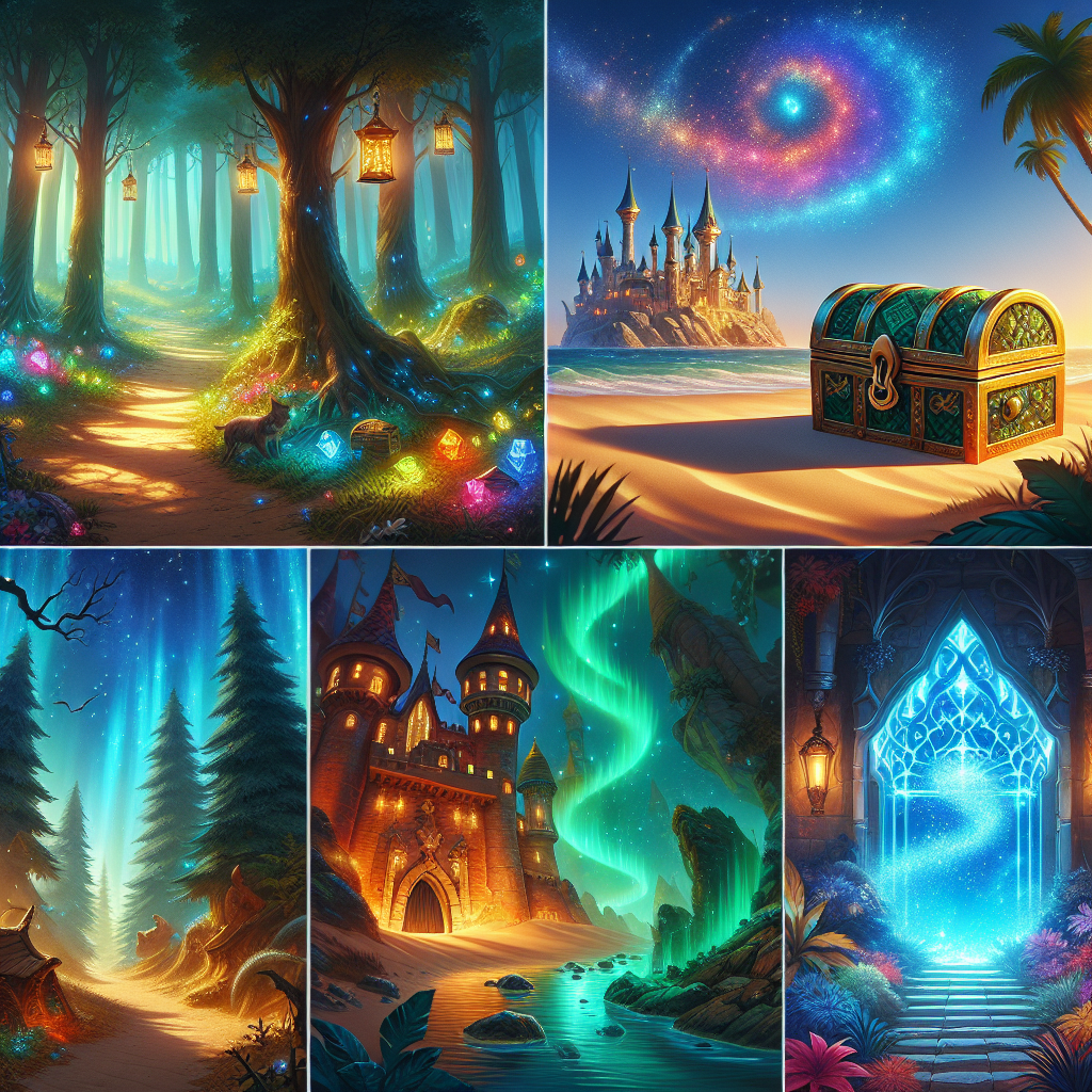 A collage of the adventure elements often seen in animated fantasy realms. This includes a mysterious forest brimming with magical glow, a locked treasure chest half buried in sand on an isolated beach, an enchanted castle shrouded in magical mist, and a magical portal glowing mysteriously. The colors vibrant and radiant, the aura emanating from these elements are whimsical yet carry a hint of danger. No humans or animals are present, and there's no text or recognizable logos anywhere. It's as if it's a world woven from pure imagination, waiting for the first-time adventurers to make their first step