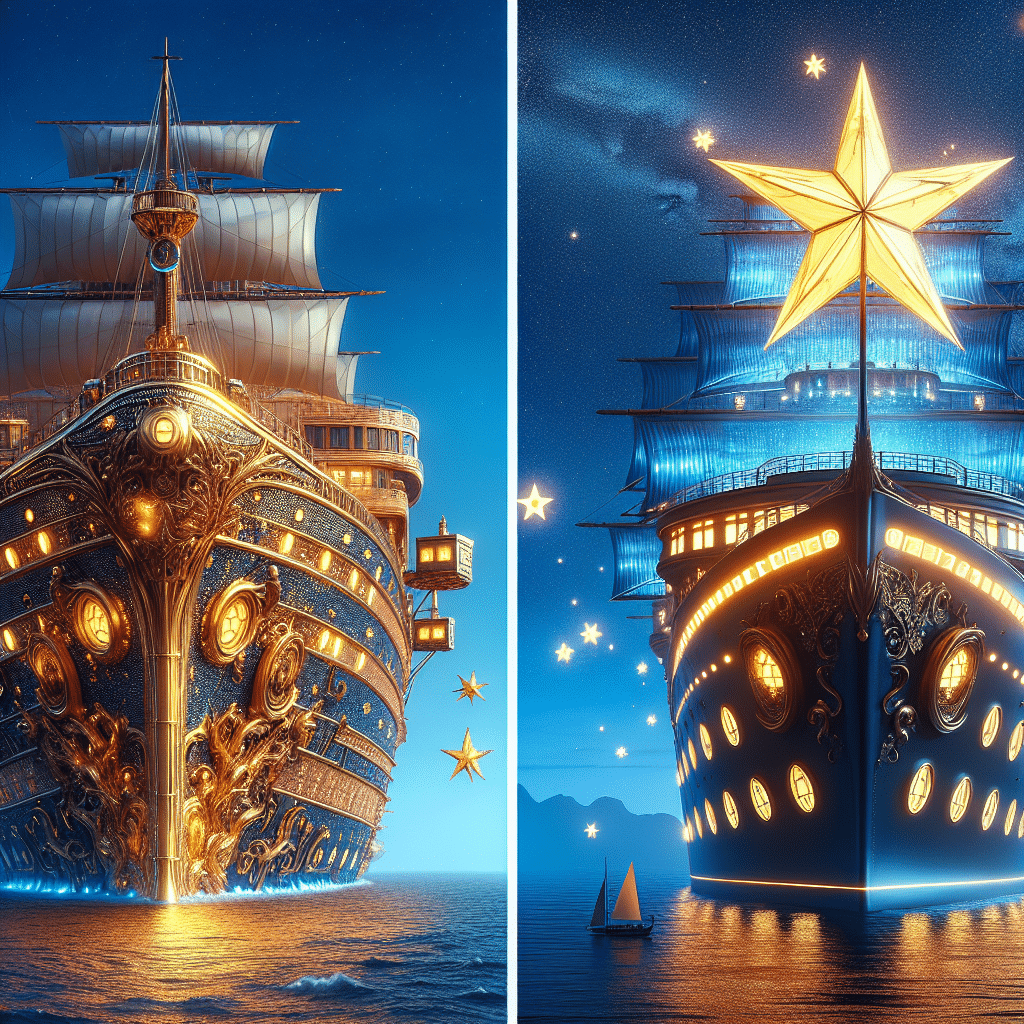 A side by side comparison of two extravagant ocean liners, each representing two different concepts - treasure and wish. On the left, a ship embodies the spirit of treasure, with golden sails, a hull decorated with intricate jewel-like mosaics, and a giant treasure chest atop its deck. On the right, a ship represents the theme of wishes, illustrated with glowing star-shaped motifs accenting the sails, and a magical, oversized shooting star mounted on the deck. Both ships are sailing on calm ocean waters under a cloudless blue sky. The scene exudes an air of enchantment, adventure, and whimsy without including any people.