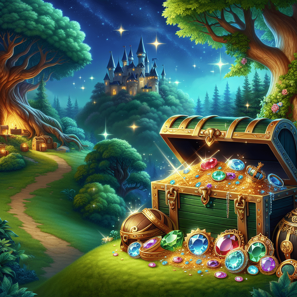 A whimsical scene with various items often associated with classic fairy tales and adventure stories. Include a large, ornate treasure chest overflowing with sparkling gems, golden coins, and mysterious trinkets in the center of the image. The scene is set in a magical forest with giant, enchanting trees and lush, bright green foliage in contrast with the twinkling, starry night sky. A whimsical castle is visible in the distance, perched on a scenic hill. No specific brands, people, or text should be visible in the image.