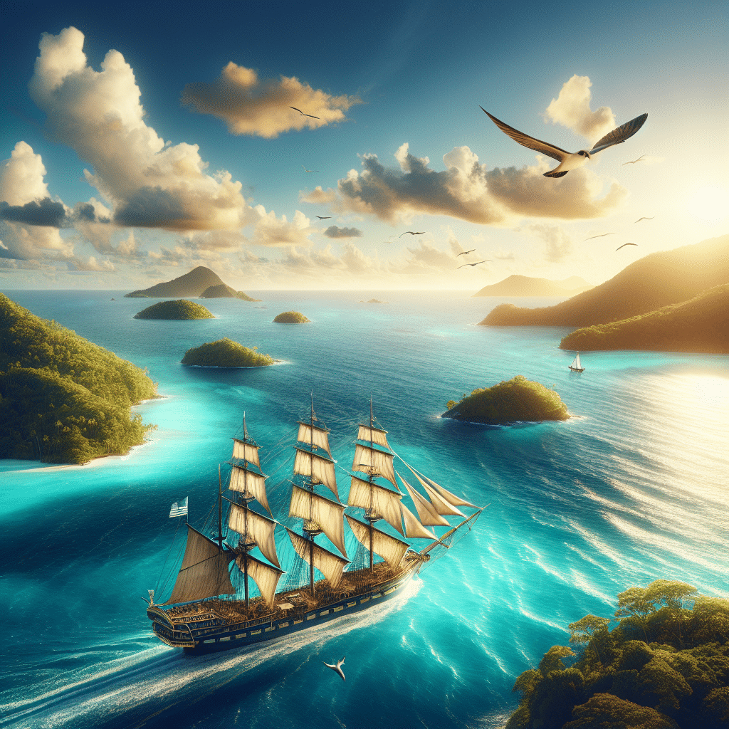 Conceptual representation of a western Caribbean seascape. The image is dominated by turquoise water spread out seamlessly into a breathtaking horizon. Towards the right of the frame, a handful of green, lush tropical islands can be seen. A classic ship, reminiscent of the golden age of sail, travels through the glimmering water. Its intricate design grandiosely presents its sails to the gentle Caribbean wind. High up in the clear, blue sky, few seagulls are circling around, adding to the maritime feel. The sun is setting, casting a golden glow upon the scene. No humans, text or recognizable branding are included.
