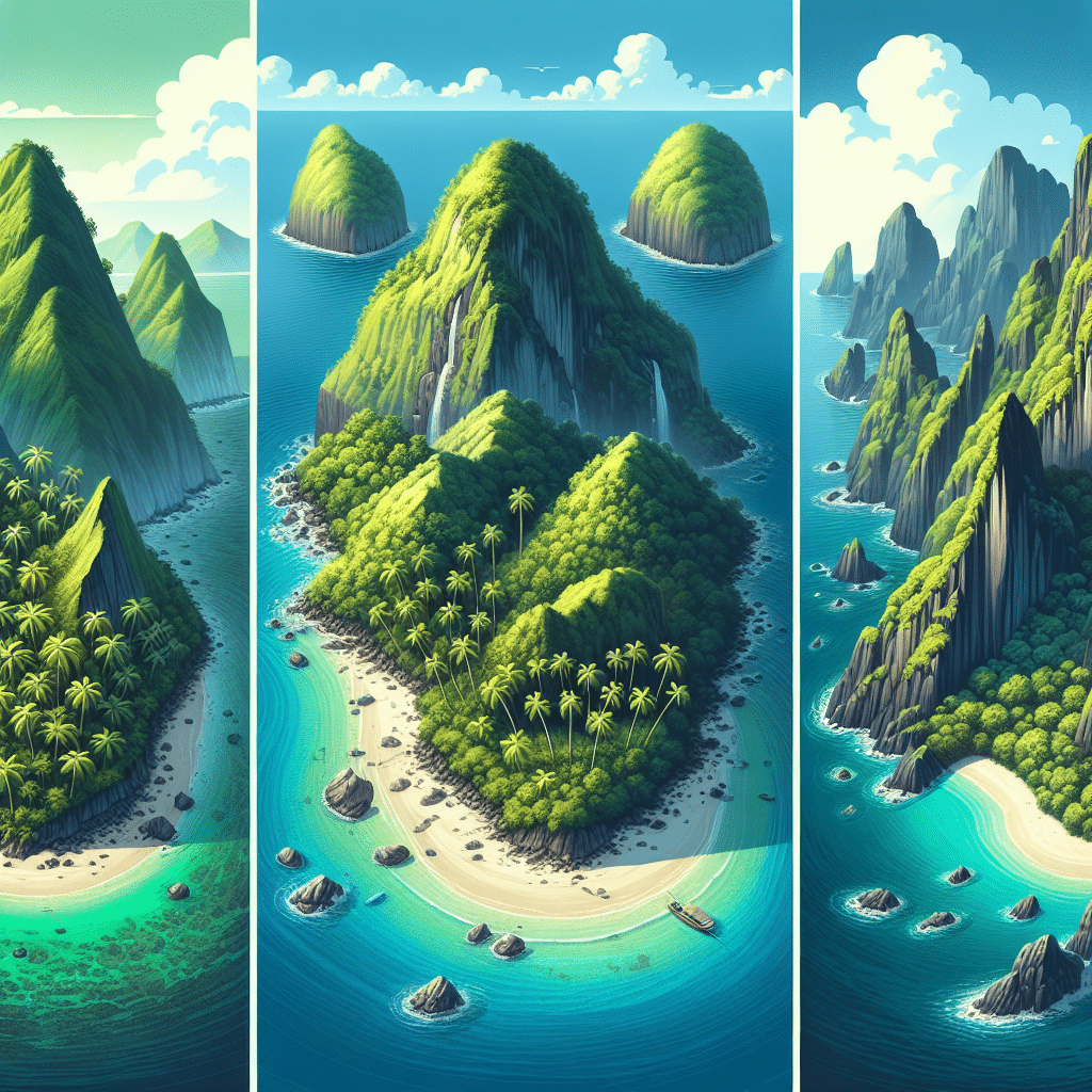 Illustrate three different idyllic islands, each unique and distinct. The first island is lush and tropical with coconut trees swaying amidst emerald-green mountains. The second island is unspoiled and serene, surrounded by sapphire-blue waters with a pristine sandy beach. The final island is dramatic and towering, with jagged cliffs and waterfalls plunging into the water below. Ensure there is no visible text, brand logos, or people present in the images. Use a bird's-eye view angle for a comprehensive comparison perspective of these paradise islands.