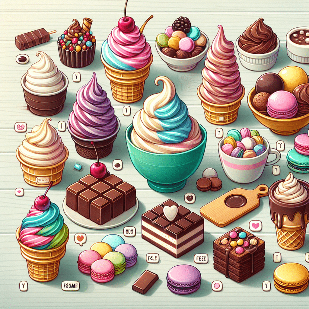 A colorful visual guide showcasing an array of soft serve ice creams and other desserts. This array includes twirls of classic vanilla and chocolate soft serves, a bowl filled with multi-flavored scoops of gelato, a deliciously decadent fudge brownie with a cherry on top, an enticing variety of macarons in pastel colors and a cup of comforting hot chocolate with mini marshmallows. All items are neatly arranged on a light-colored wooden table, with little tags indicating what each dessert is. There are no brand names, logos or people featured in the image.