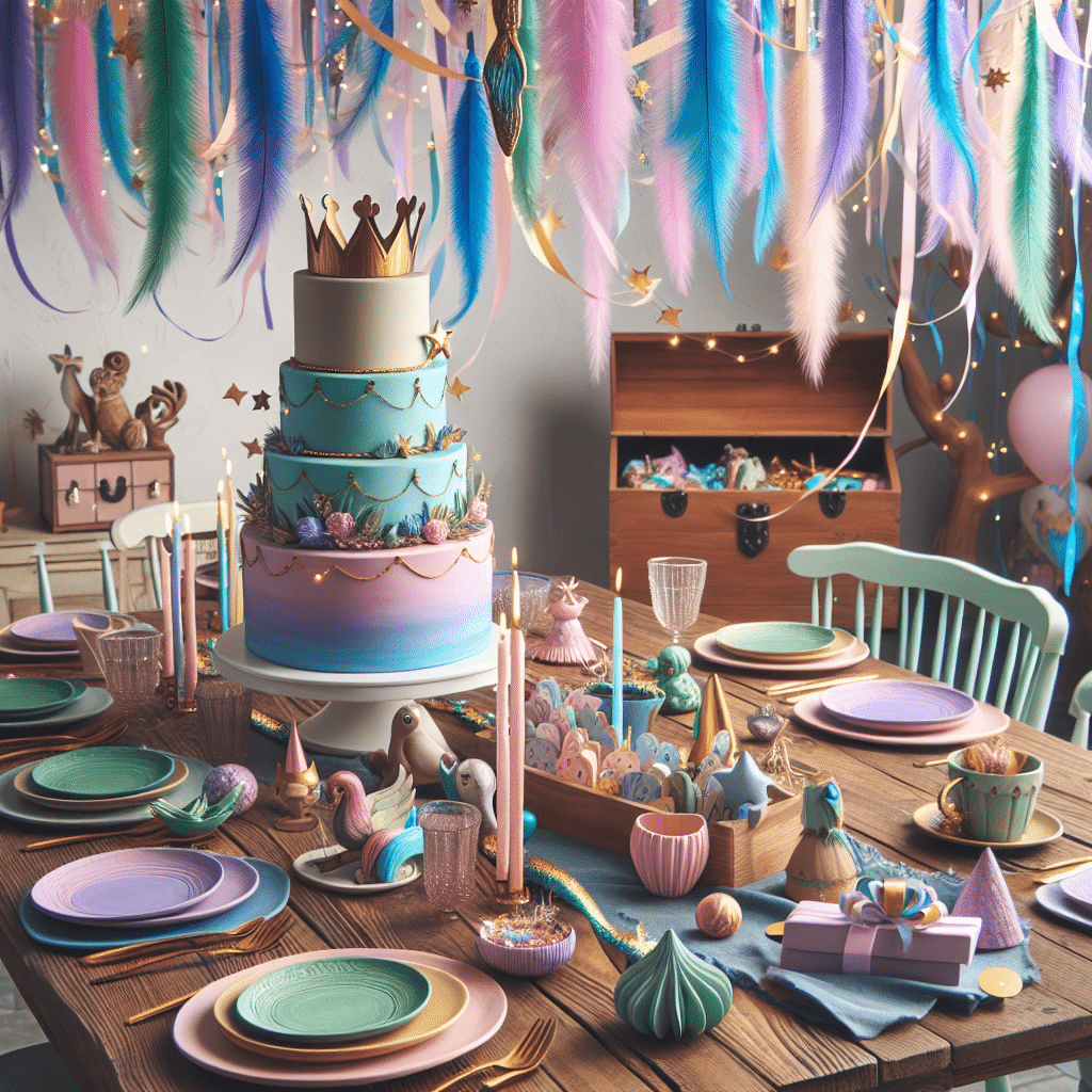A whimsical birthday setup with hints of fairy-tale charm. There's a long wooden table set for an imaginary party, adorned with colorful plates, cups, and napkins in jewel tones. Feather-light streamers hang from the ceiling, curling downwards in cascades of vibrant colors. A three-tier cake sits at the center of the table, radiating soft pastel tones, topped with a golden crown and star-shaped sparklers. Painted wooden animals and miniature trees dot the scene. In the background, there's a treasure chest overflowing with wrapped gifts. Note, all items are generic and do not have any branding, logos or text.