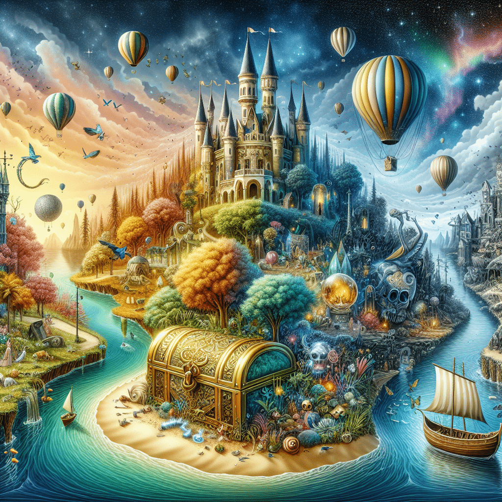 An imaginative whimsical landscape filled with various elements that evoke a sense of enchantment and wonder. On one side, include an exquisitely detailed majestic castle with tall turrets and a beautiful moat around it, and on the other side, a vibrant tropical island with a large golden coffer partially buried in the sand, reminiscent of treasured adventures. Throughout the scene, intersperse various elements that abstractly represent excitement and journey with nebulous connections to popular adventure themes, such as an old wooden ship sailing on the ocean, balloon-filled skies, a mysterious forest with enchanted creatures peeking out, and an aurora-filled night sky. All these elements are devoid of human figures, brand names, and logos. Remember not to include any text within the image or on any items.