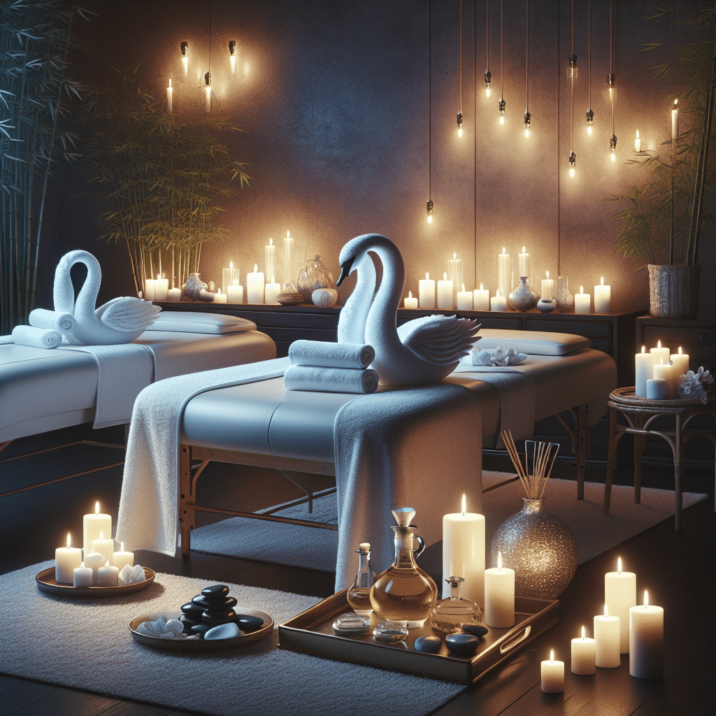 An image illustrating a serene spa setting devoid of human presence. The scene captures a dimly lit room, decorated with flickering candles, emitting glow in shades of calming lavender. Two professional massage tables lay side by side covered in fresh white linens. Their plush surfaces are adorned with fluffy towels folded to resemble swans, exuding an air of whimsical charm. The ambience is further enhanced by bamboo plants in a corner, and an essential oil diffuser puffing gentle swirls of soothing steam. Lastly, an elegant tray of spa necessities include massage oils, hot stones, and clean, folded spa robes.