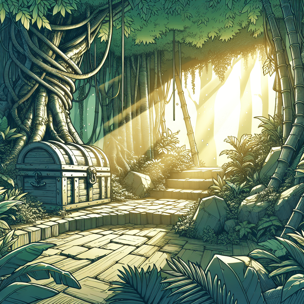 Draw an imaginary room located in the depths of a lush rainforest. The room should be constructed from natural materials like bamboo and stone. The room's prime attraction should be a treasure chest sitting in the center. The room should be filled with no people, and should be sunlit peaking through the overhead foliage of the rainforest. The picture should not contain any text or brand logos.