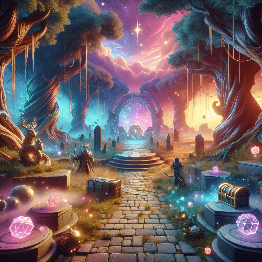 A fantasy-themed image representing the concept of a space meant for heroes and treasures. The scene is set in an enchanting and surreal landscape, illuminated by a dazzling, clash of pastel-colored sunsets. A stone pathway winds through an ancient woodland, leading to an enticing treasure chest gleaming in the light. Flanking the path are mysterious, ancient artifacts and statues, shadowed by the towering, lush trees. There are also scattered mystical creatures symbolizing the heroes in a whimsical manner. Sparkling hoverballs and magical gem rocks light up the scene. There are no humans or recognizable brand logos present in this image.